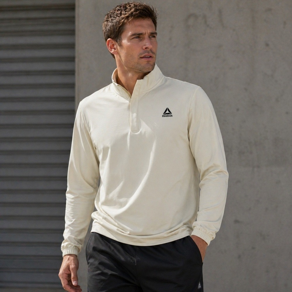 Reebok Quarter Zip Pullover Performance Top Cream Off White Mens L NWT